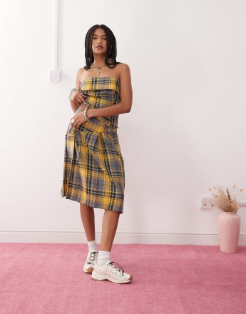 COLLUSION 90s dropped waist pleated kilt co-ord in yellow check