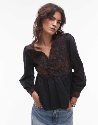 Resume embroidered poplin v neck blouse in black