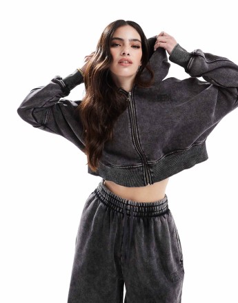 Hera Womens washed cropped zip hoodie in washed black
