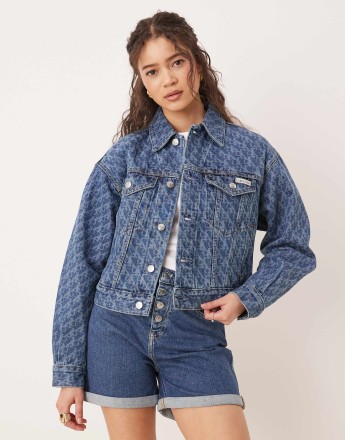 Calvin Klein Jeans signature 90s all over print denim jacket in mid blue