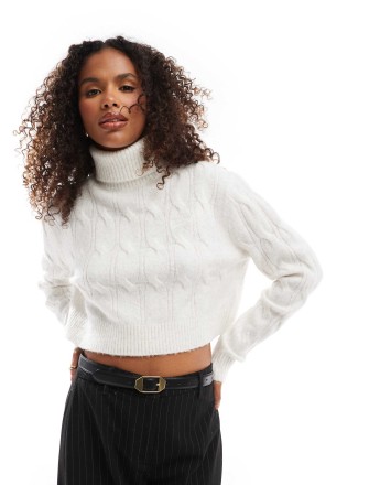 Tommy Jeans cable knit roll neck jumper in oat white