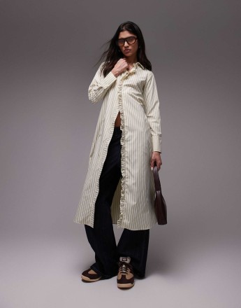 Resume fitted midaxi shirt dress with ruffle placket in multi creme stripe
