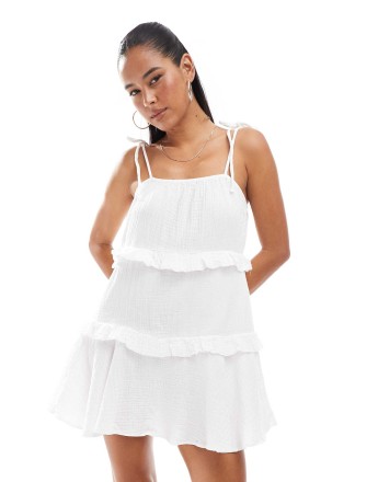 New Look tiered mini sundress in white