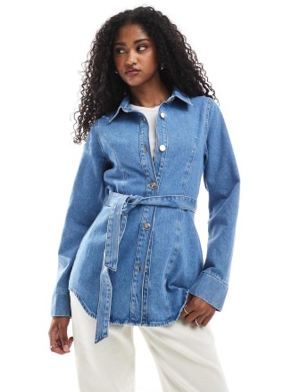 Miss Selfridge cinched waist belted denim jacket in mid wash
