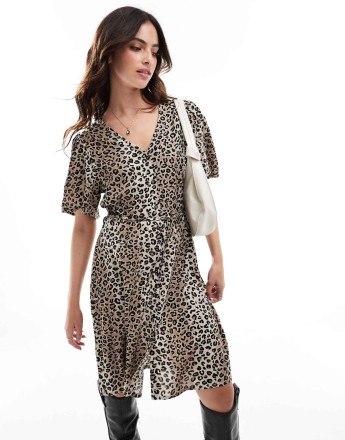 Vila buttondown tie waist midi dress in leopard print