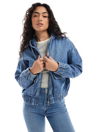 ONLY hooded denim jacket in mid blue
