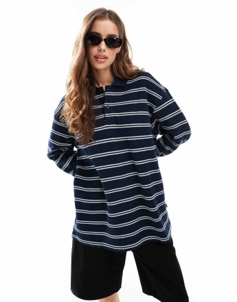 Dr Denim Reno Polo relaxed fit long sleevetop in navy and white stripe