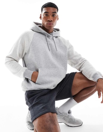 Hollister boxy varsity logo hoodie with contrast sleeves in grey