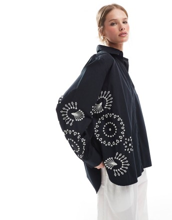 French Connection Cambria cotton embroidered shirt in black