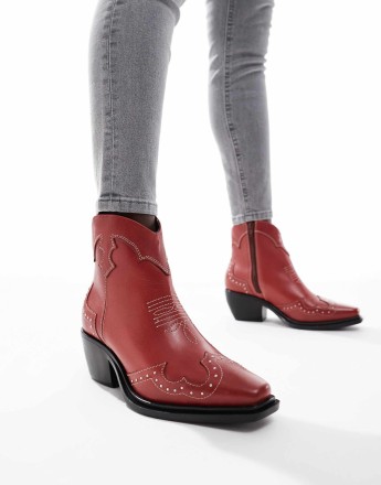 OFF THE HOOK 'GRANGE' Block Heel High- Ankle Leather Boots in Red