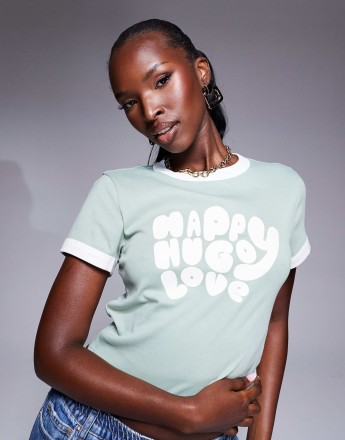 HUGO Blue dalia baby ringer t-shirt in light green
