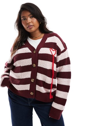 Renee Studio Plus x Holly Wynne exclusive textured longline applique heart cardigan in burgundy stripe