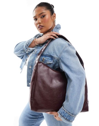 Pull&Bear medium faux leather shopper in deep burgundy