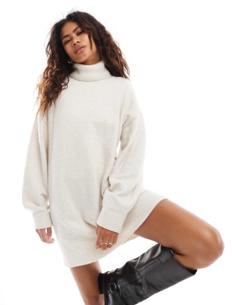 Weekday Annie wool blend roll neck knitted mini dress in off-white melange exclusive to ASOS