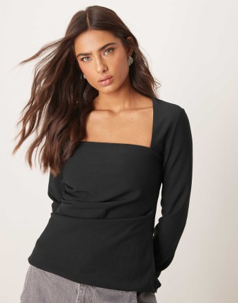 Abercrombie & Fitch square neck long sleeve top in black