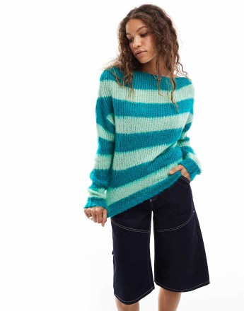 Daisy Street  tonal greens chunky stripe brushed knitted jumper