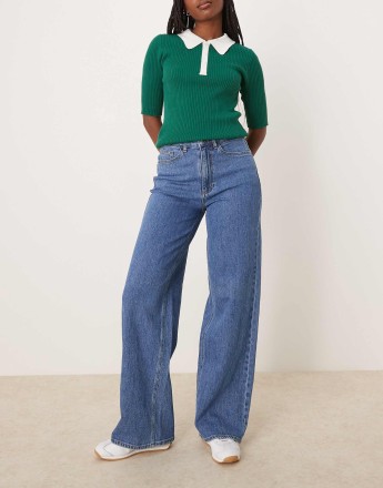 Vila Freya high waist wide leg jean in medium blue denim