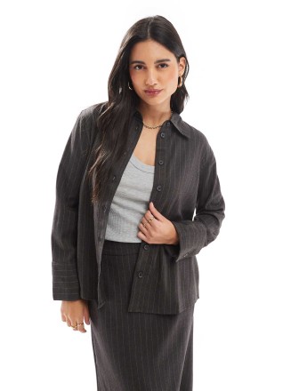Vero Moda wide cuff shirt co-ord in dark grey pinstripe