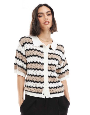 Brave Soul crocheted button down top in zig zag print