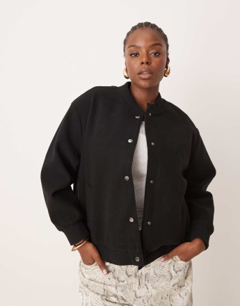 New Look Curve cropped popper bomber jacket in black