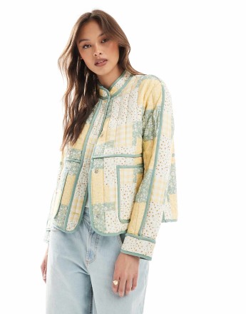 Threadbare Floral patchwork quilted jacket in lemon