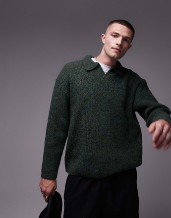 Topman relaxed open collar jumper in khaki
