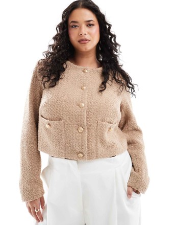 4th & Reckless Plus exclusive boucle gold button through cropped jacket in camel
