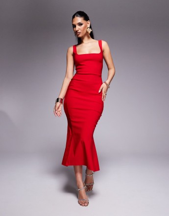 Vesper bengaline sleeveless square neck fishtail midi dress in red