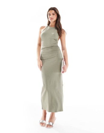 Pull&Bear racer neck midi dress in khaki
