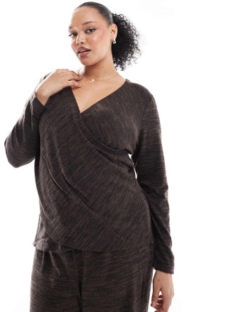 Vero Moda Curve cross front jersey top co-ord in chocolate melange