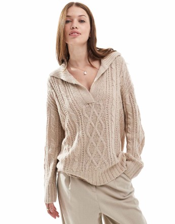 Brave Soul polo collar cable knit jumper in beige