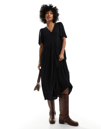 Monki short sleeve button through midi dress in black