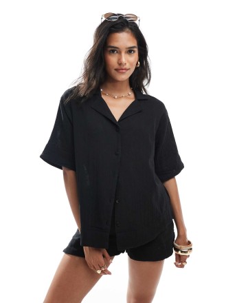 Brave Soul button down co-ord short sleeve textured shirt in black