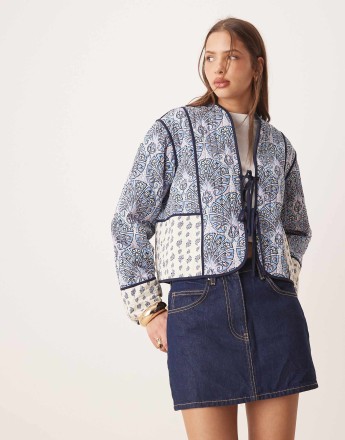 Vila quilted patchwork paisley print tie front jacket in blue