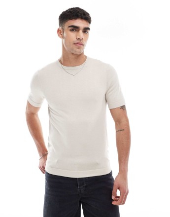 ONLY & SONS short sleeve knit t-shirt in beige