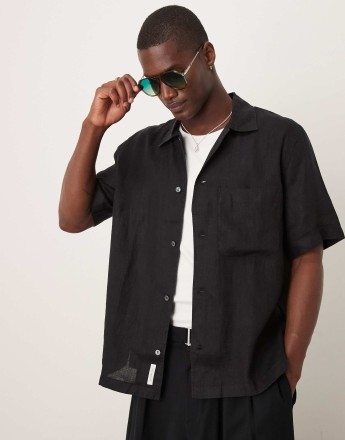 ARKET linen  short sleeve shirt with front pocket in black