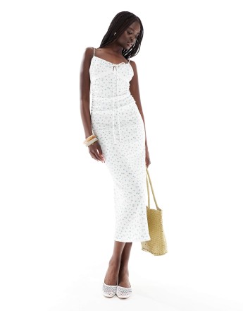 Pull&Bear ditsy floral textured maxi dress in white