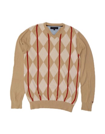 Vintage Tommy Hilfiger V-neck Jumper Sweater Medium In Beige Argyle/diamond