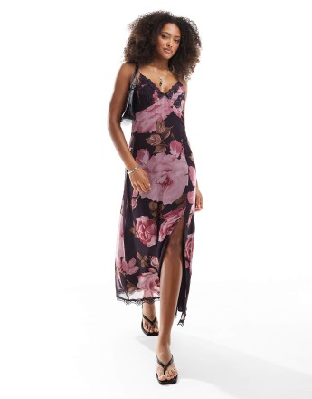 Miss Selfridge lace trim midi slip dress in oversized floral print