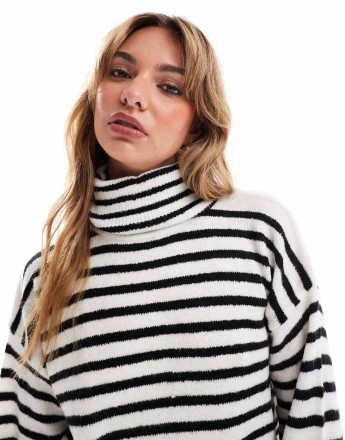 Brave Soul stripe roll neck jumper in cream and black