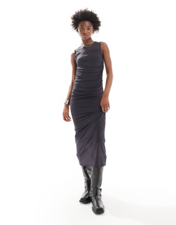 Noisy May rushed detail midaxi dress in charcoal