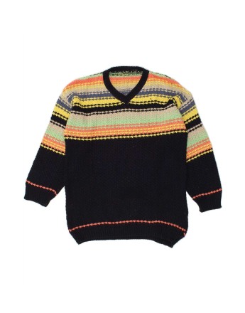 Vintage V-neck Jumper Sweater UK 14 Large In Black Striped