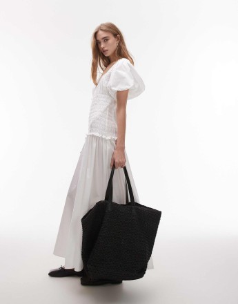 Topshop puff sleeve square neck shirred midi dress in white
