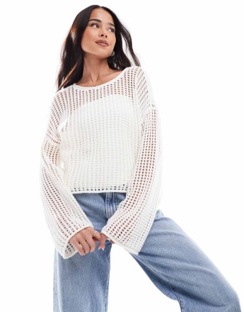 Vans Mila open knit crop crew top in white