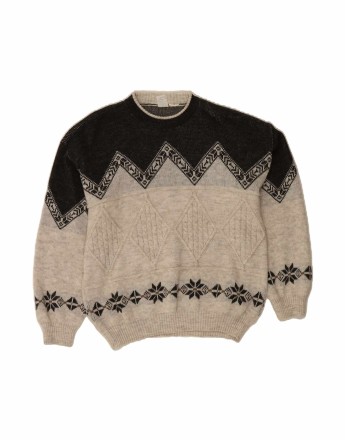 Vintage Crew Neck Jumper Sweater Large In Beige Fair Isle