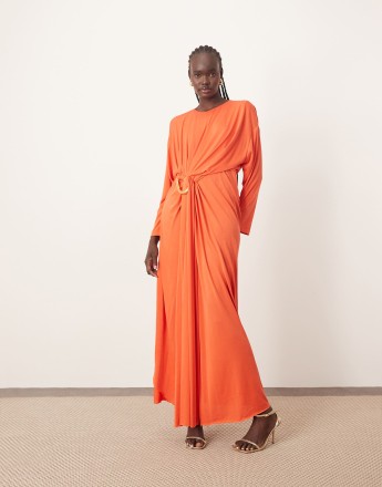 ARRANGE soft pleat maxi dress with hardware detail in red
