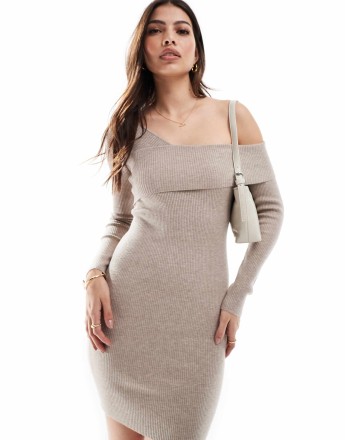 Miss Selfridge asym cosy rib knit mini dress in oatmeal
