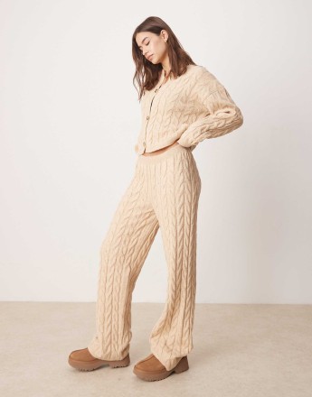 Miss Selfridge knitted cable wide leg trousers in taupe co ord