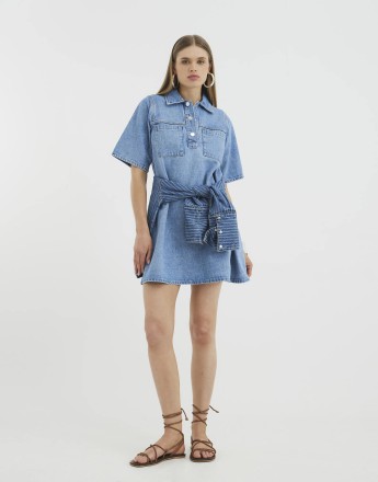 River Island Short sleeve denim collared shirt dress in denim - light