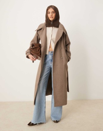 Gina Tricot wool blend belted midaxi coat with funnel neck detail in beige